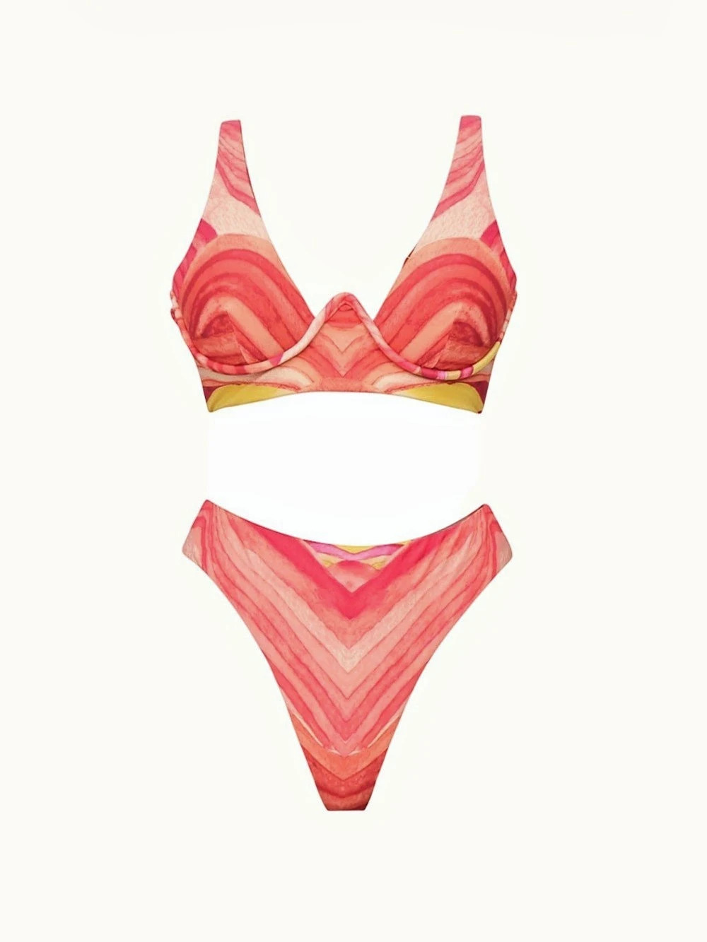 Andrea Iyamah Kasa Bikini Set Sunset Print Coral Orange Yellow Underwire Longlin